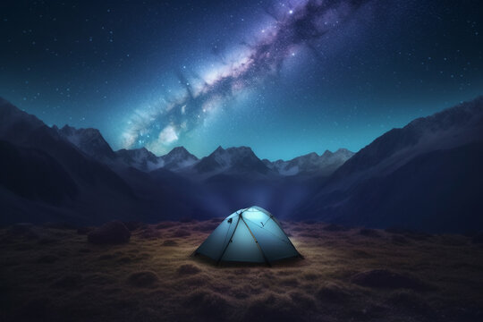 5 Billion Star Hotel. Camping in the mountains under the starry night sky. Night landscape of camping ground. A tent glows under a night sky full of stars. Generative AI