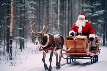 Photo of Santa Claus riding in a sleigh pulled by a reindeer during Christmas time created with Generative AI technology - obrazy, fototapety, plakaty