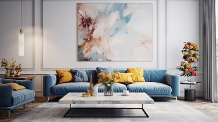 Modern living room with trendy home accessories, marble coffee table, dried flowers, and blue sofa.