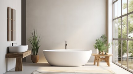 Fototapeta na wymiar eco minimalist bathroom with sink, white bathtub, and window. No people present.