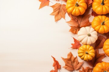 Happy Thanksgiving season celebration traditional pumpkins on decorated table fall autumn leaves background. Halloween decorations autumn cozy backdrop, mock up, copy space.