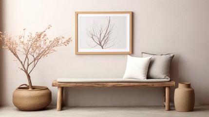 Scandinavian style a mock up interior poster with wooden frames, bench, basket, and home accessories on a white wall background.