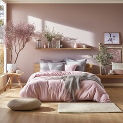 Cozy soft pink bedroom bathed in natural light, adorned with wood flooring, and a comfortable bed