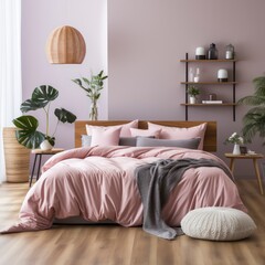 Serene and cozy soft pink bedroom bathed in natural light, adorned with wood flooring, and a comfortable bed