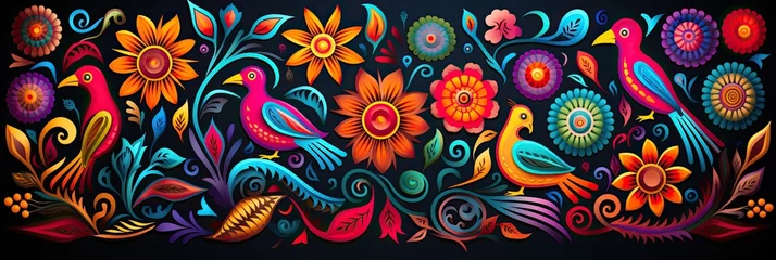 Fotobehang traditional colors mexican huichol pattern © Natalia