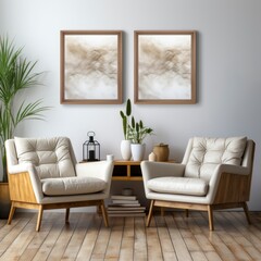 Living room interior with two wooden leather chairs