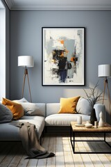 Modern living room with sectional sofa, lamps and abstract artwork