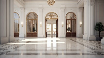 High resolution image of entrance to apartment with white interior and marble flooring. - obrazy, fototapety, plakaty