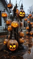 Obraz premium Halloween pumpkin on a grave. AI generated art illustration.