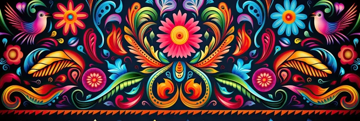 Fotobehang traditional colors mexican huichol pattern © Natalia