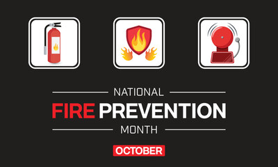 National Fire Prevention Month design with fire extinguisher and fire alarm bell. Vector illustration