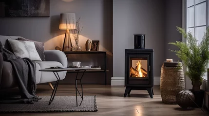 Foto op Plexiglas Contemporary stove in living room with flames and pellets. © Vusal
