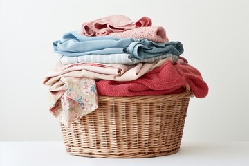 Clothes in the basket on a white background, a basket full of clothes, Used clothes on a basket, clothes in the basket