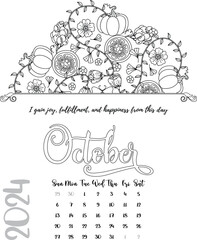 Mandala Affirmation Calendar Coloring Page for October Year 2024