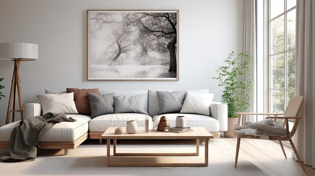 Scandinavian living room with a modern poster frame, rendered in 3D.