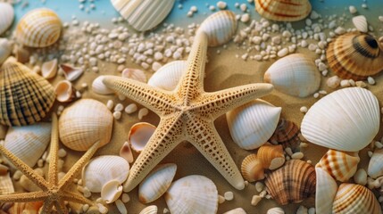 Fototapeta na wymiar A starfish and seashells on a sandy beach
