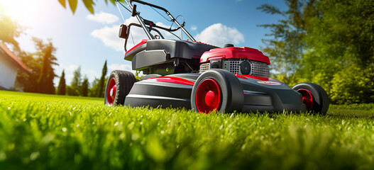 Lawn mover on green grass in modern garden. Machine for cutting lawns in sunny day.
