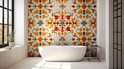 Colorful digital tile design for bathroom and kitchen. Seamless marble background with geometric shapes and floral ornament.