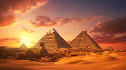 breathtaking image of the Great Sphinx of Giza bathed in the soft, golden light of the setting sun, with the majestic Great Pyramid of Giza as a backdrop. - obrazy, fototapety, plakaty