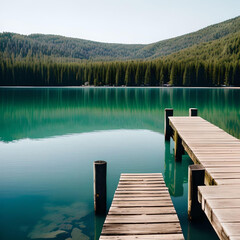 wooden pier on forest lake