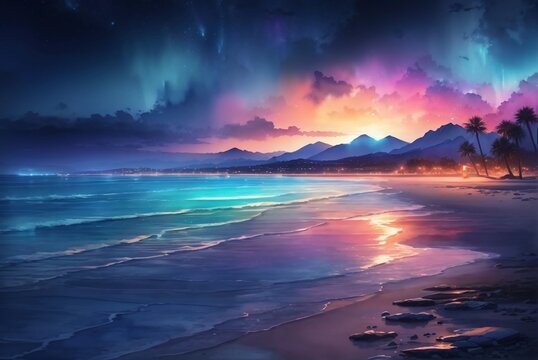 Watercolor coastline landscape of beautiful beach at sunset with colorful lights and bioluminescent sparkles over the waves