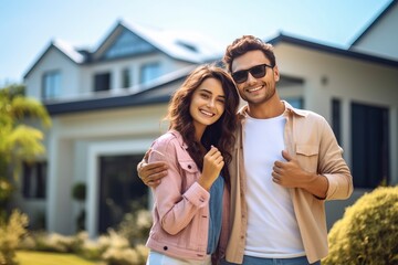 Naklejka premium A happy young couple with their dream home in the background, symbolizing homeownership and the real estate market.'generative AI'