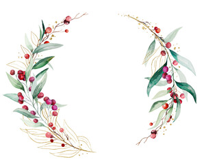 Christmas frame with watercolor twigs with green leaves and red berries. Holidays design Illustration