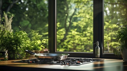 Obraz premium Steel frying pan on black gas stove with white interior, large window, sun and green tree outside.