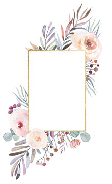 Golden frame with Watercolor pastel flowers and leaves, winter wedding illustration