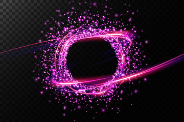 Magic fantasy portal. Round light frame, with small particles of dust, futuristic teleport. Blue, purple, neon lights illuminate the night scene with sparkles on a transparent background. Light effect © andreu1990
