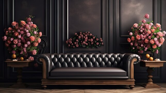 Black interior with wood panel, chesterfield couch, carpet, flowers, coffee table and windows. Detailed 3D illustration mock up.