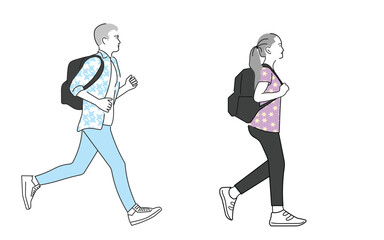Simple illustration of a male and female high school student, high school student or university student  running . Vector data that is easy to edit.