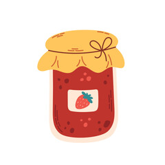 Strawberry jam in glass jar. Harvest season. Homemade jar of preserving the fruit. Vector illustration in flat style