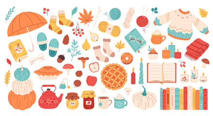 Autumn set of cute and cozy design elements. Fall mood. Autumn plants, food, harvest festival and thanksgiving day attributes. Vector illustration in flat style
