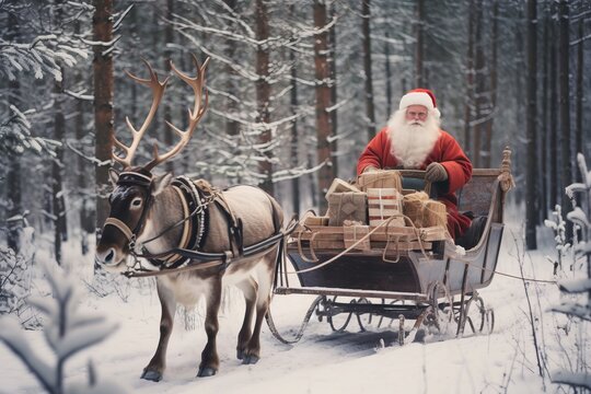 Photo of Santa Claus and reindeer enjoying the snowy winter together created with Generative AI technology image