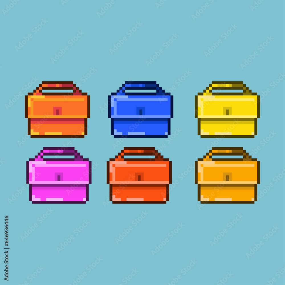 Poster pixel art sets of bags for inventory with variation color items asset. simple bags on pixelated styl