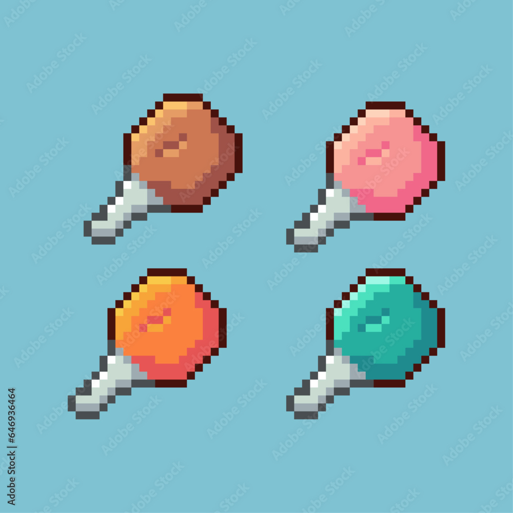 Poster pixel art sets of chicken meat with variation color items asset. simple chicken meat food on pixelat
