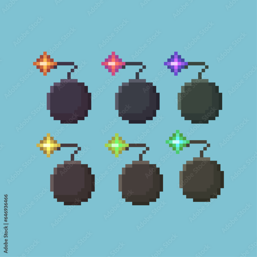 Poster pixel art sets of bomb with variation color items asset. simple bomb for dugeon items on pixelated s