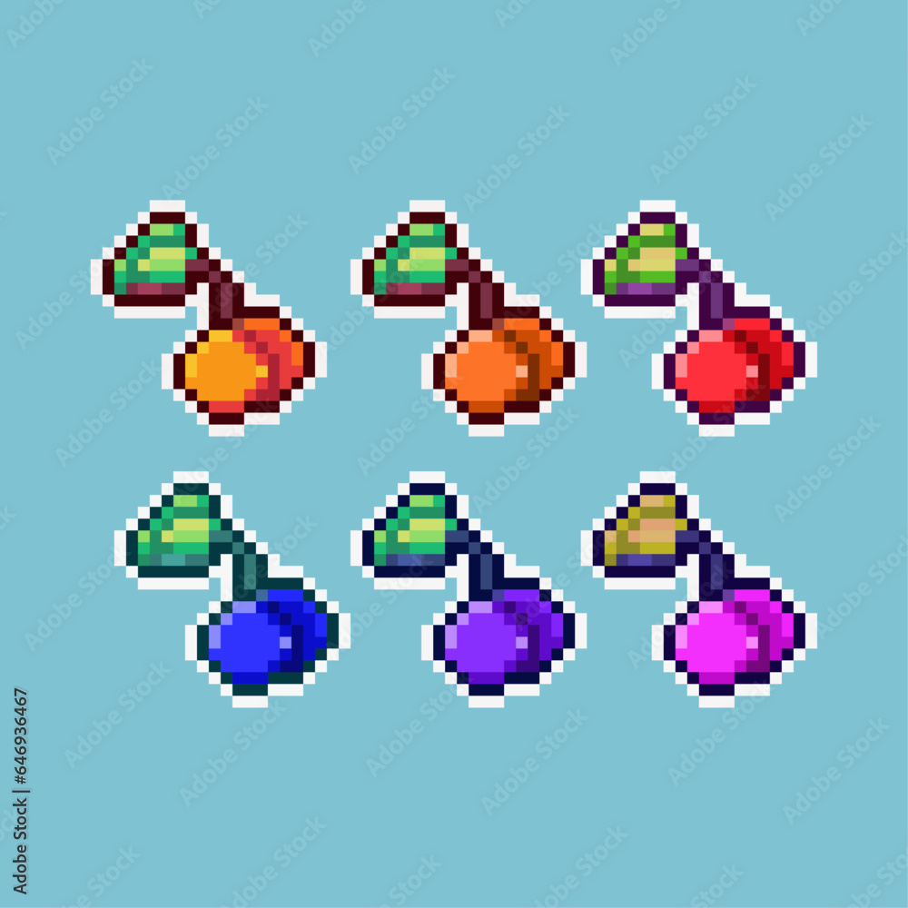 Poster pixel art sets of cherry fruit with variation color items asset. simple fruit loot items of cherry o