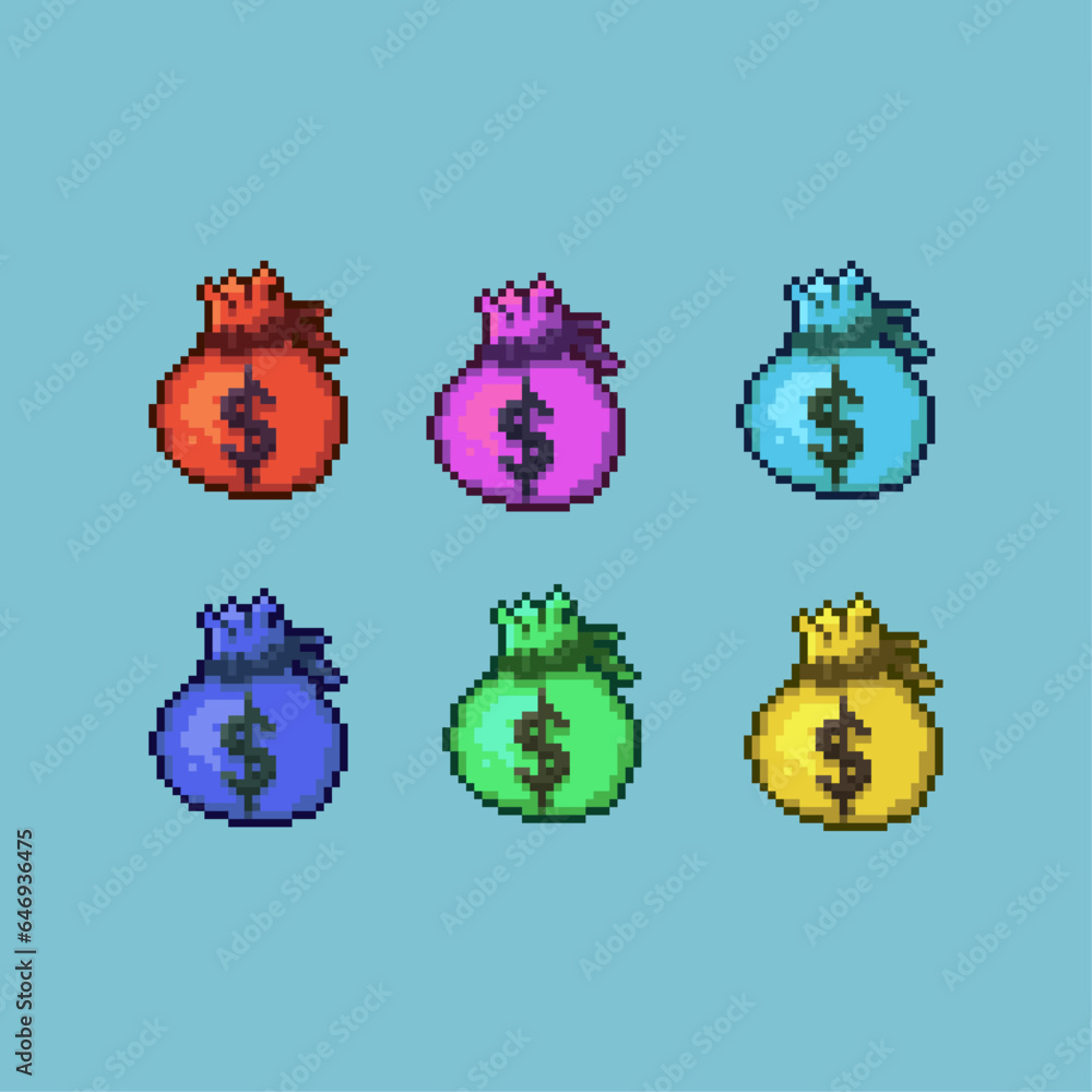 Poster pixel art sets of money of bags with variation color items asset. simple money bags business on pixe