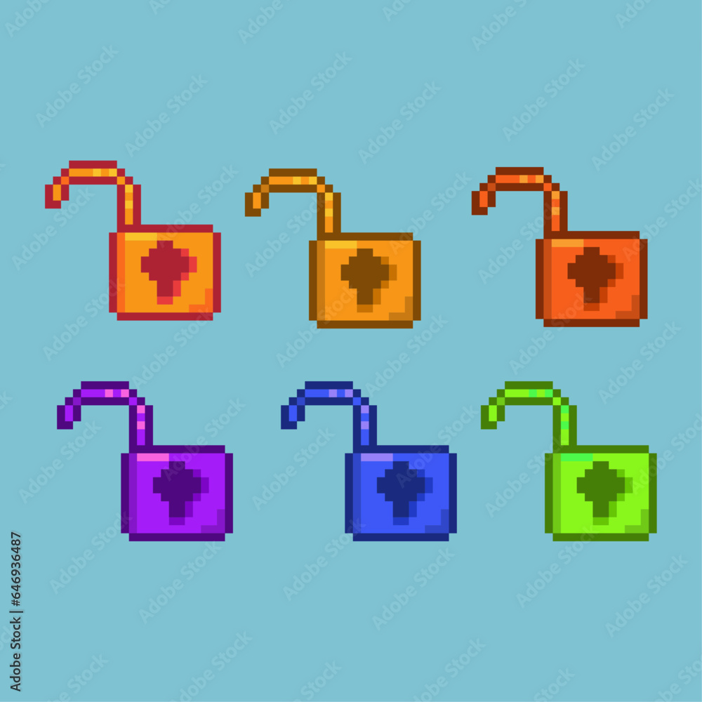 Fototapete pixel art sets of padlock with variation color items asset. simple padlock for doors security on pix