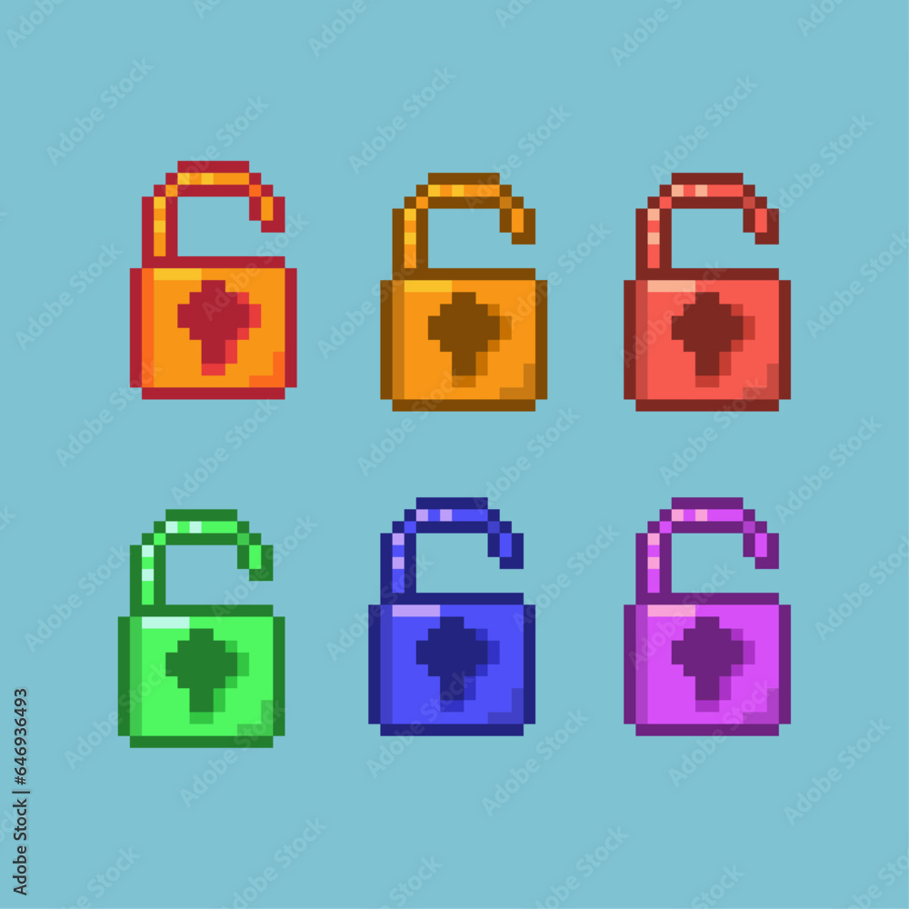 Fototapete pixel art sets of padlock with variation color items asset. simple padlock for doors security on pix