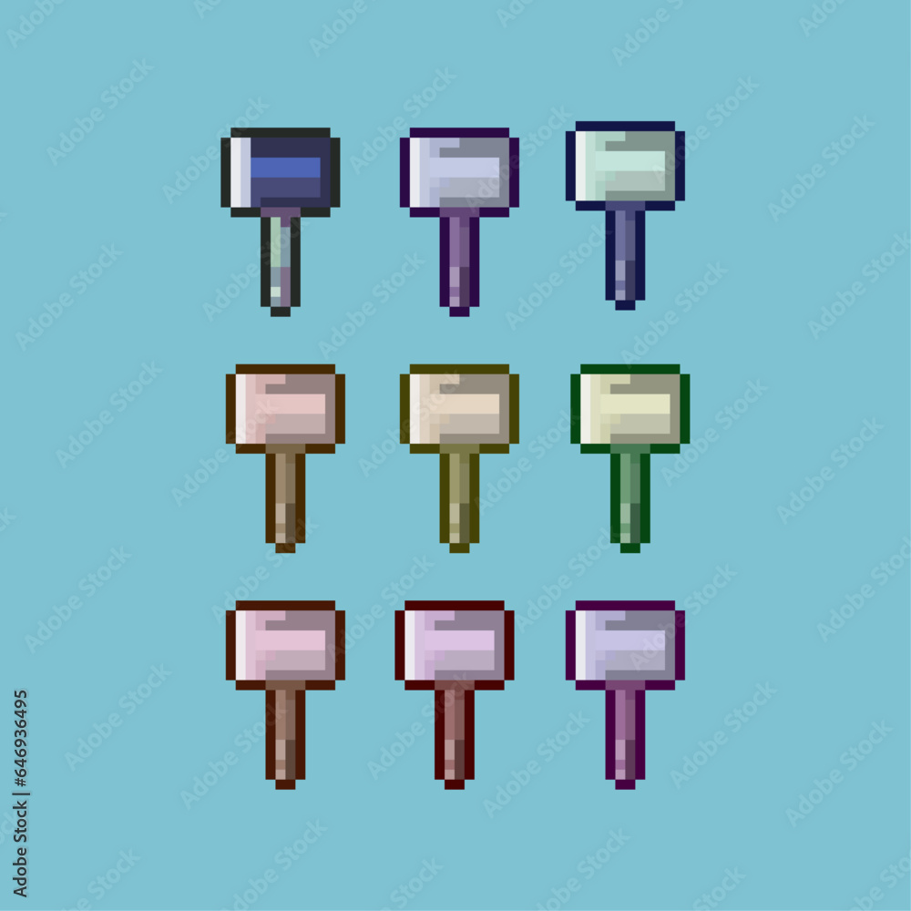 Poster pixel art sets of hammer tools with variation color items asset. simple blacksmith tools hammer on p
