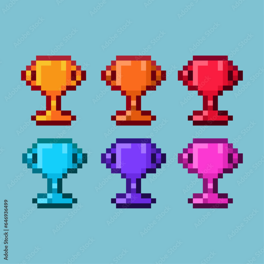 Poster pixel art sets of winner cup variation color items asset. simple cup for victory 1 prize on pixelate