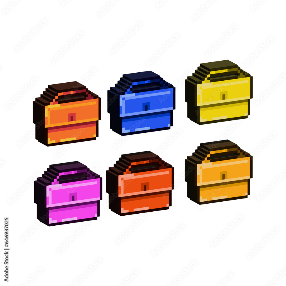 Poster isometric pixel art 3d of bag for items asset. simple 3d of bags on pixelated style.8bits perfect fo