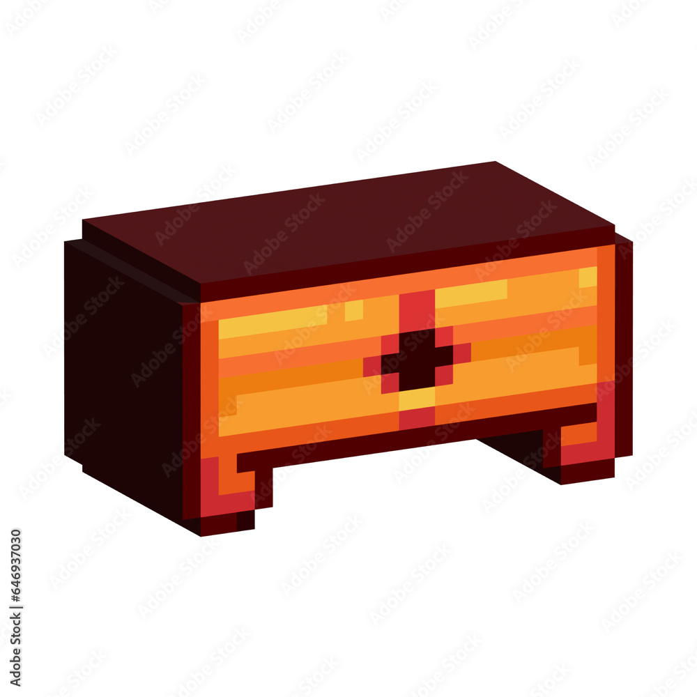 Poster isometric pixel art 3d of chest for items asset. simple 3d of orange chest for items save on pixelat