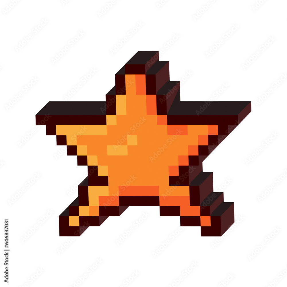 Poster isometric pixel art 3d of star for items asset. simple 3d of orange star on pixelated style.8bits pe