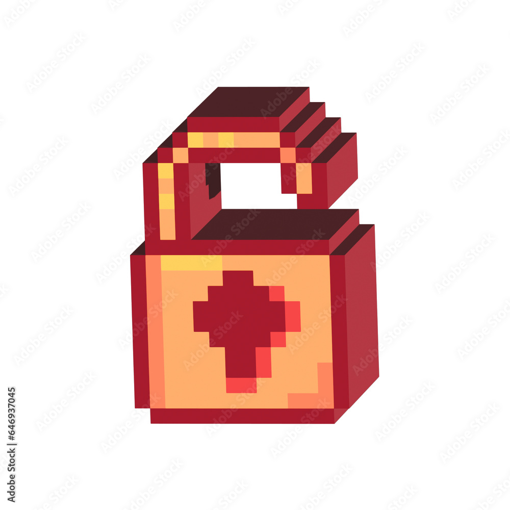 Poster isometric pixel art 3d of padlock unlocked for items asset. simple 3d of orange padlock on pixelated