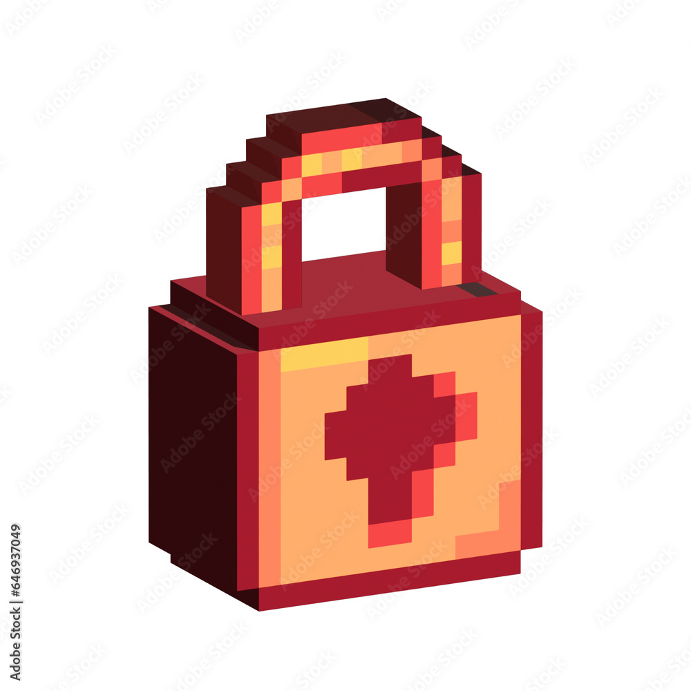 Poster isometric pixel art 3d of padlock unlocked for items asset. simple 3d of orange padlock on pixelated