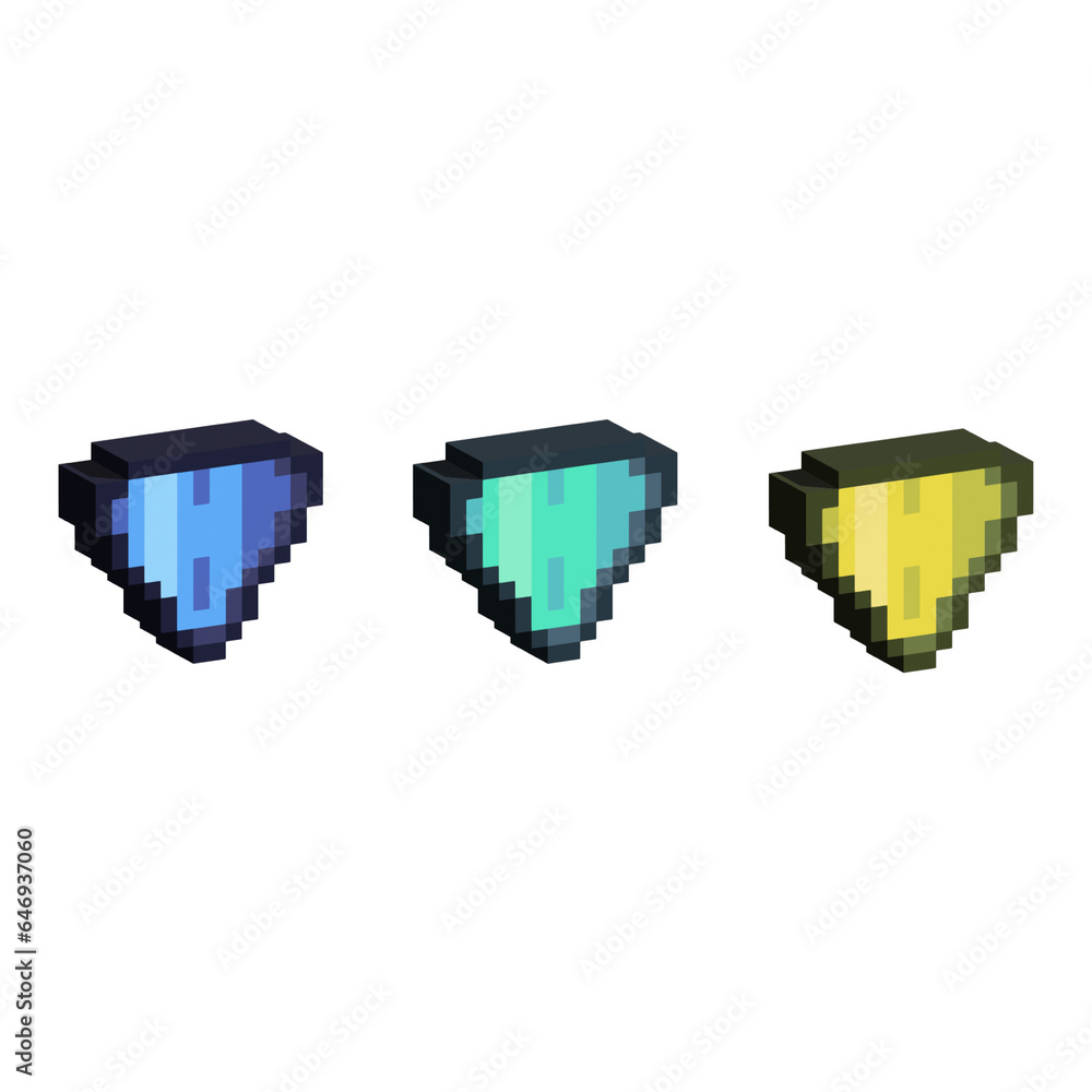 Poster isometric pixel art 3d of shield for items asset. simple 3d of blue,green,and yellow shield on pixel
